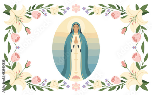 Elegant Virgin Mary Illustration Framed with Lilies and Roses for Devotional Art and Religious Celebrations, Suitable for Prints and Digital Media
