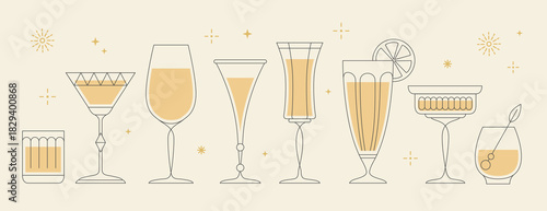 Set of line art retro cocktails and champaghe glasses. Vector illustration