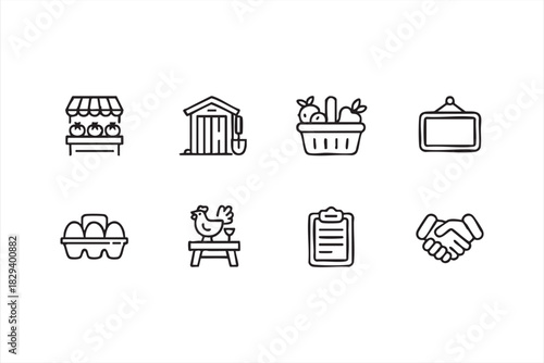 Farm-to-market line icons for baskets, stalls, checklists, and vendor agreements