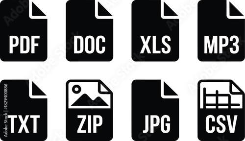 A collection of minimalist vector icons representing various digital file types and formats