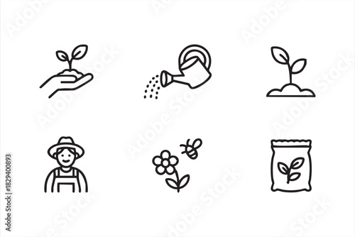 Gardening seedling icons for plant care, watering tools, farmer profiles, and seed bags