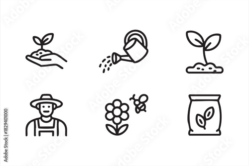 Minimal garden icon set for seedlings, watering, farmers, flowers, and seeds