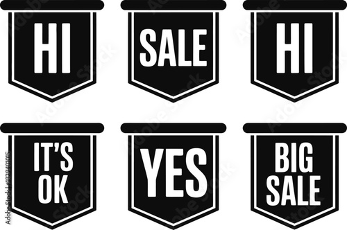 Set of six vintage-style pennant flags with sale and communication messages, perfect for graphic design and promotions