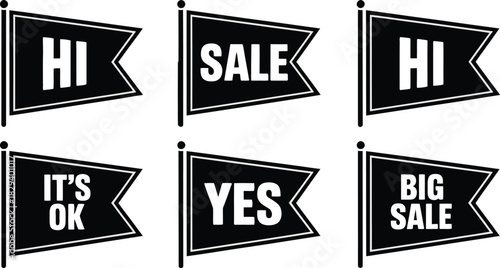 A minimalist vector icon set of black and white pennant flags with various text messages for communication and sales promotion