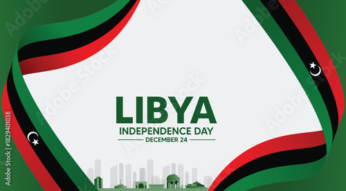 Libya Independence Day December 24 Background with Curved Flag Ribbon and City Silhouette