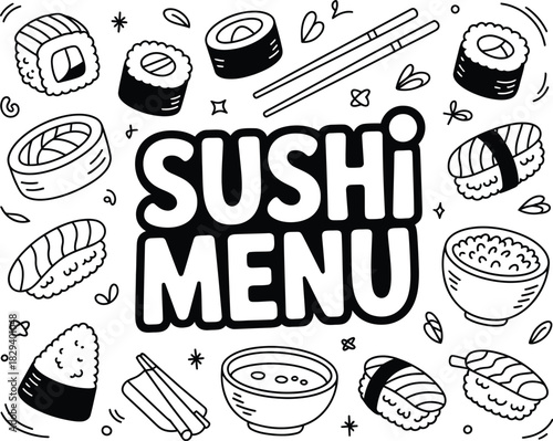 A hand-drawn vector collection of Japanese food doodles, featuring various sushi, rolls, and soup for a restaurant menu design