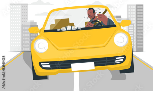 Urban delivery service A focused driver in a bright yellow car maneuvers through city traffic, diligently transporting packages, symbolizing efficient and urgent logistical operations