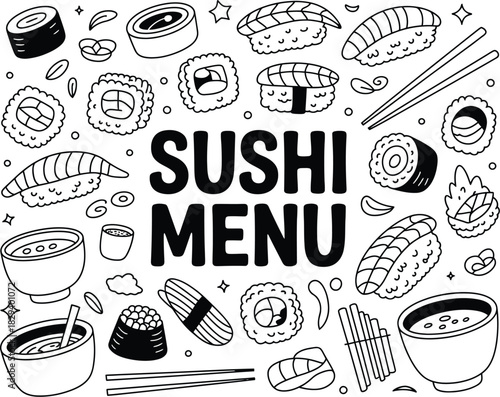 Delicious Sushi Menu Black and White Line Art Illustration of Japanese Cuisine