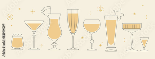 Set of line art retro cocktails and champaghe glasses. Vector illustration