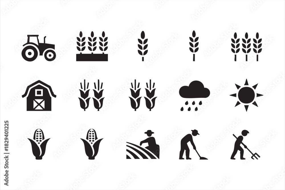 Naklejka premium Solid farm icon set for crop production, weather, tractors, workers, and harvest
