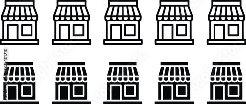 A versatile set of storefront icons presented in two distinct styles, featuring both black outline and solid glyph variations for business or retail concepts