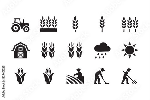 Solid farm icon set for crop production, weather, tractors, workers, and harvest