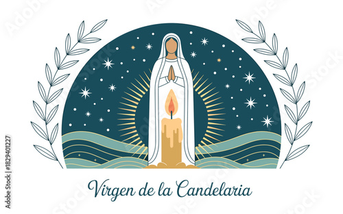 Virgen de la Candelaria Illustration:  Elegant Design of Virgin Mary with Candle, Stars, and Olive Branch - Traditional Catholic Celebration Art