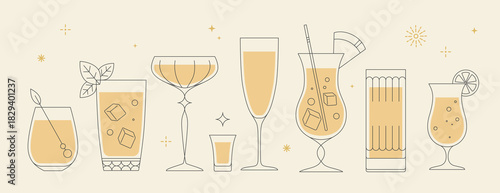 Set of line art retro cocktails and champaghe glasses. Vector illustration