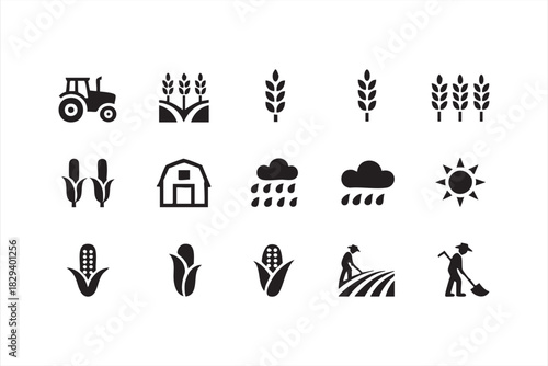 Farm production symbols for grain fields, tractors, weather, and worker silhouettes