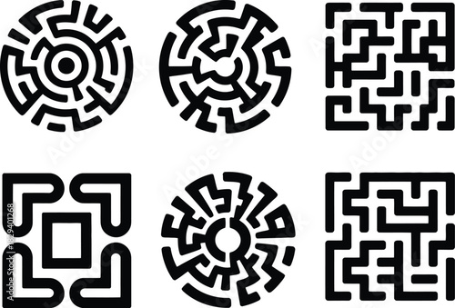 Abstract geometric maze and labyrinth patterns vector icon set, featuring intricate circular and square designs, ideal for puzzles, brain games, and graphic elements