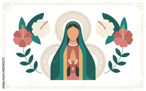 Minimalist Virgin Mary Illustration with Hibiscus Flowers and Decorative Frame, Ideal for Religious Art Prints and Catholic-Themed Designs and Spiritual Applications