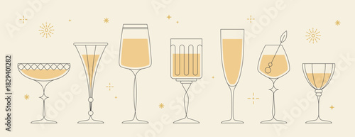 Set of line art retro cocktails or champaghe glasses. Vector illustration