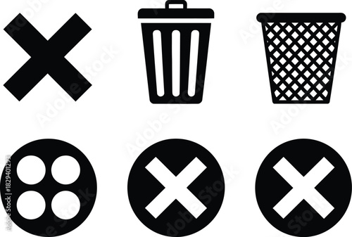 Collection of black icons featuring cross symbols, trash cans, and circular designs for various uses