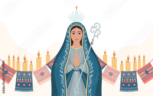 Vector Illustration of Our Lady of Guadalupe with Candles and Traditional Mexican Textiles, Celebrating the Holy Day in a Festive Atmosphere