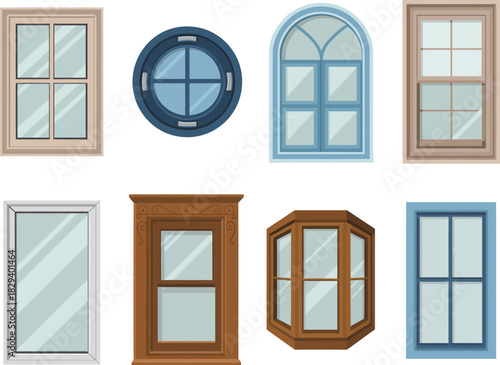 Eight unique window designs showcasing diverse architectural styles classic rectangular, arched, modern circular, and charming bay windows. Ideal for architects and home builders