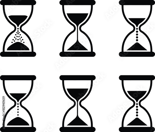 Time management icons with different stages of sand flow in hourglasses, symbolizing passage of time and urgency