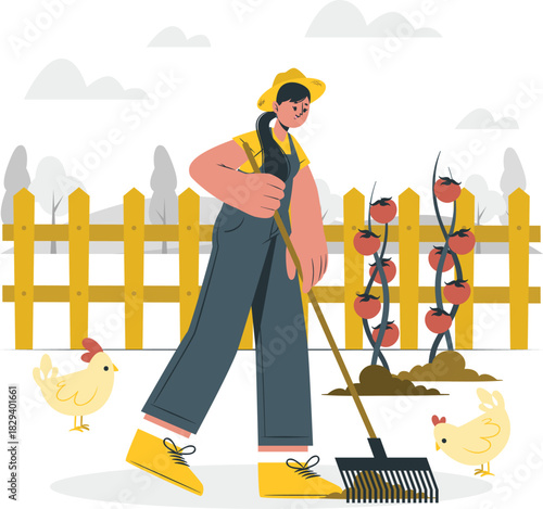 Female farmer raking ground in her backyard garden with tomato plants, chickens.