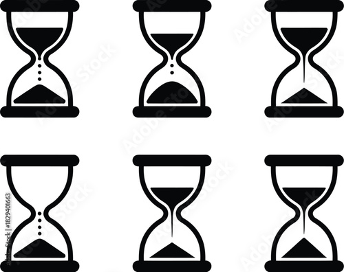 Black and white hourglass icons illustrating time passage and sand flow. Vector collection of sand timers for symbolizing countdowns, deadlines, and temporal measurement concepts