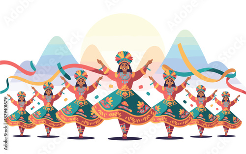 Vibrant Indian Folk Dancers Performing with Colorful Costumes and Headdresses in Front of Abstract Mountains and Ribbons for Festivals and Cultural Events