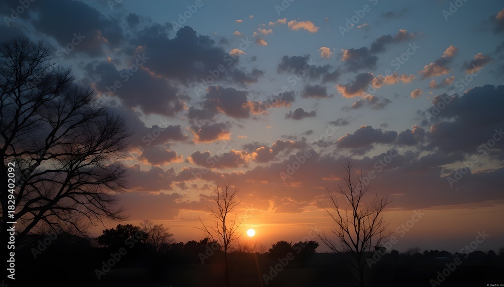 Fototapeta premium Golden Evening Sky: Setting Sun Casting Warm Light Over Horizon, Soft Clouds, and Tranquil Atmosphere