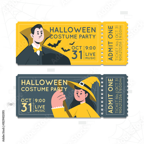 Illustrated Halloween costume party tickets featuring a vampire and a witch, inviting to a night of spooky fun and live music