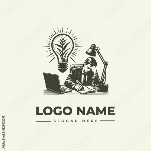 Vector logo illustration engraving of a man brainstorming under a light bulb