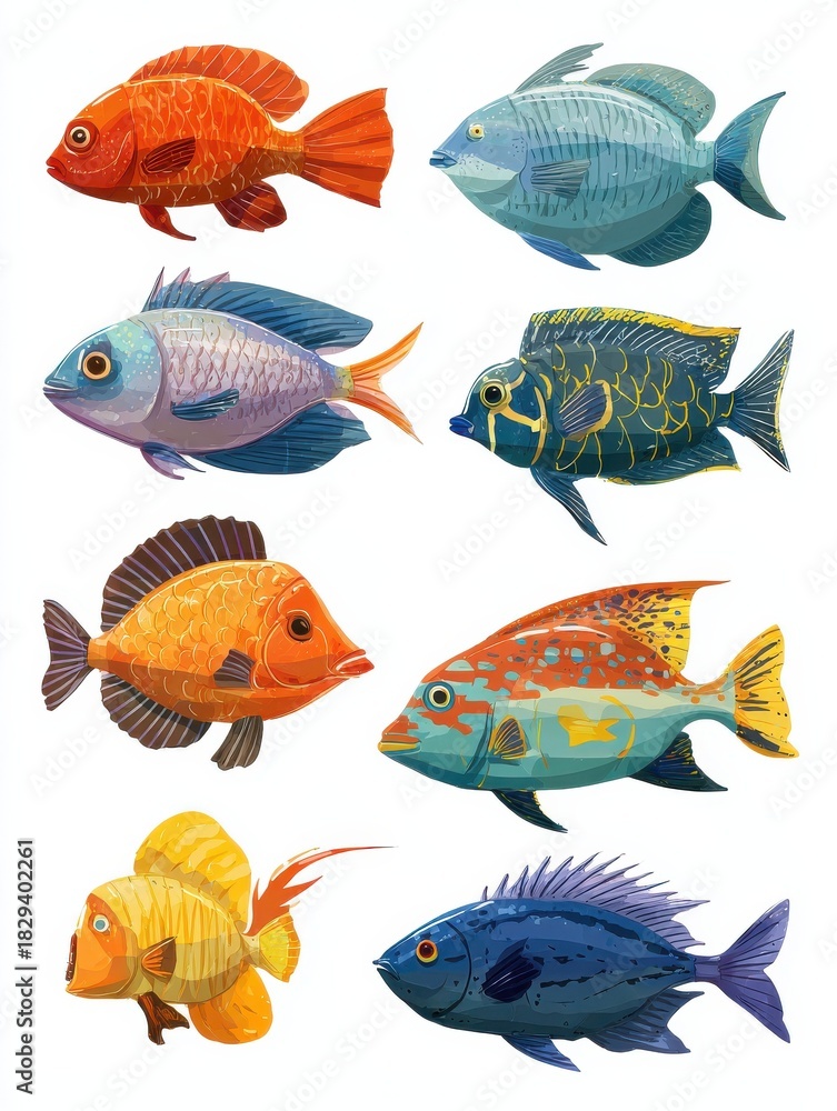 Fototapeta premium aquarium fish set isolated cartoon ocean or sea water exotic animal icon collection underwater nature aquarium fish vector illustration no logos no brands ar 34