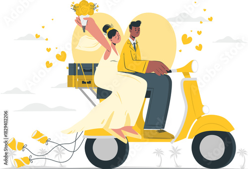 Newlywed couple on yellow scooter with luggage and cans, honeymoon journey