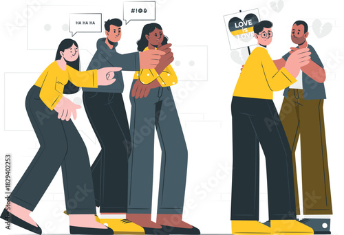 A loving same-sex couple stands firm against pointing fingers and judgmental stares, symbolizing the struggle for acceptance and the triumph of love over intolerance and societal discrimination