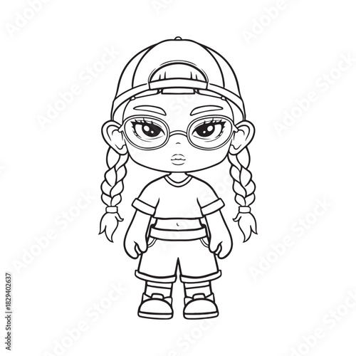 illustration art hand drawn cute girl with cap line art sticker design
