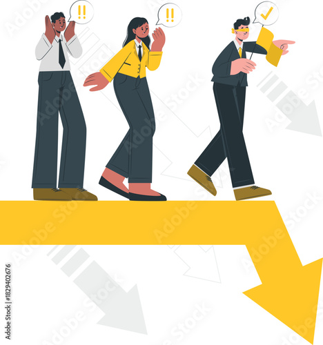Business leaders navigating a significant market downturn with varying reactions, illustrating challenges and strategic direction during economic shifts
