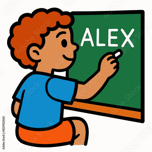 Kid writing name on chalkboard