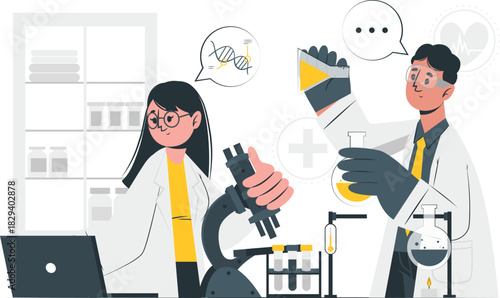 Male and female scientists collaborating in a modern laboratory, conducting genetic research and chemical experiments for a medical breakthrough