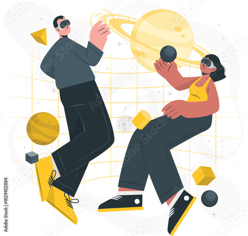 Couple exploring virtual reality world with interactive planets and shapes