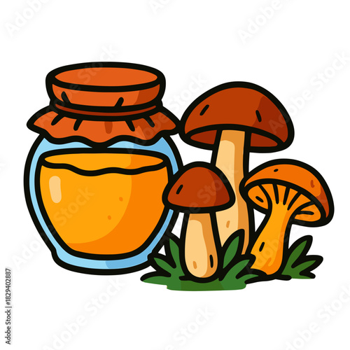 Jar of honey near forest mushrooms