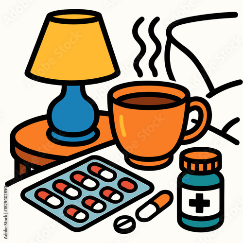 Hot tea and medication at bedside