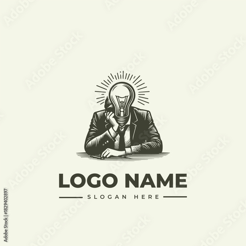 Brainwave Businessman Vector Logo Engraving Illustration of a Lightbulb-Headed Thinker