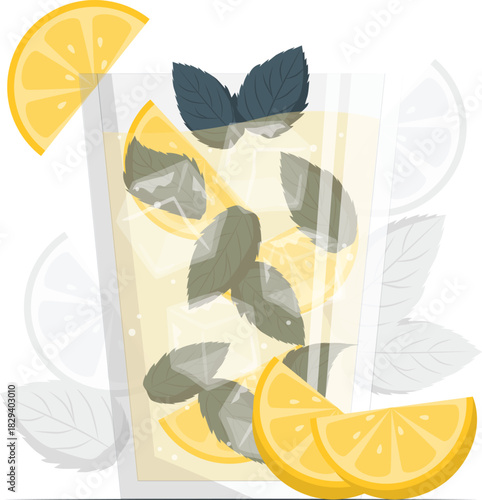 Refreshing lemonade with lemon slices, fresh mint, and ice illustration