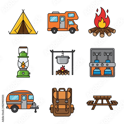 camping icons set