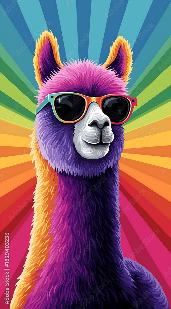 Naklejka premium Funny Llama with Split Color Fur Wearing Retro Synthwave Sunglasses in Pop Art Style