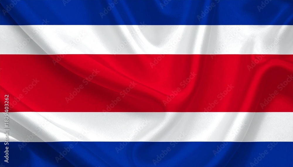Fototapeta premium Costa Rican flag with five horizontal stripes—blue, white, red (double height), white, blue—waving on white background.