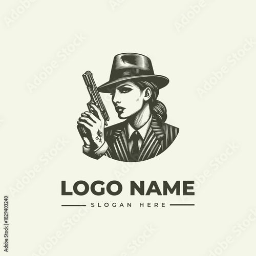 Vintage Gangster Woman Vector Logo Illustration Engraving Style