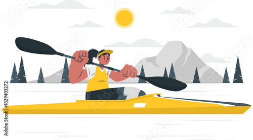 Vibrant illustration of an active person kayaking on calm water with mountains and a sunny sky in the background, representing outdoor sports, adventure, and healthy lifestyle