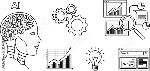 Artificial intelligence concept, data analytics, machine learning, innovation, automation, digital research tools, black line vector illustration
